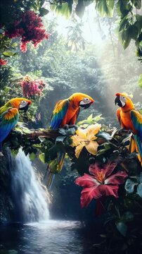 Parrots gathered near a waterfall in a lush, vibrant rainforest setting. Nature scene with exotic colorful tropical birds.