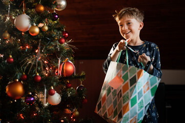 Smiling young boy carrying a Christmas present