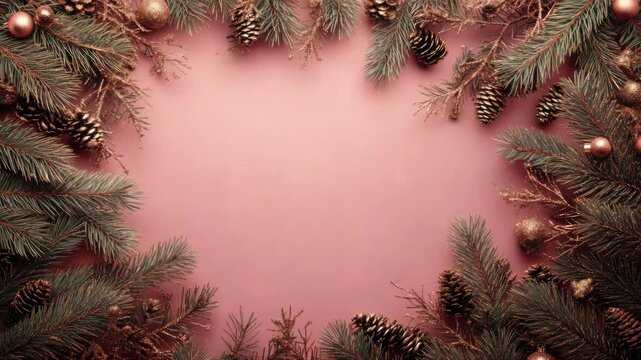 Pink and gold Christmas decorations on branches, perfect for festive season.