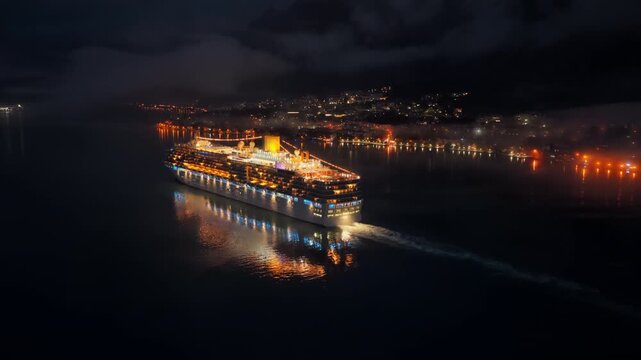 Aerial drone view of a cruise ship moving slowly through a dark and misty bay at night, with faint lights of surrounding towns reflecting on the water near the Bay of Kotor