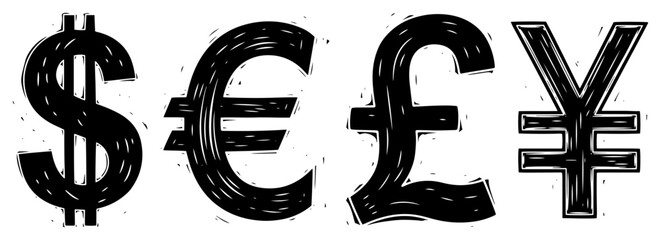 Set of four major world currency symbols including dollar euro pound and yen in black linocut style