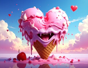 Heart-shaped pink ice cream cone melting against a blue sky with puffy clouds, small floating hearts, and pink reflection