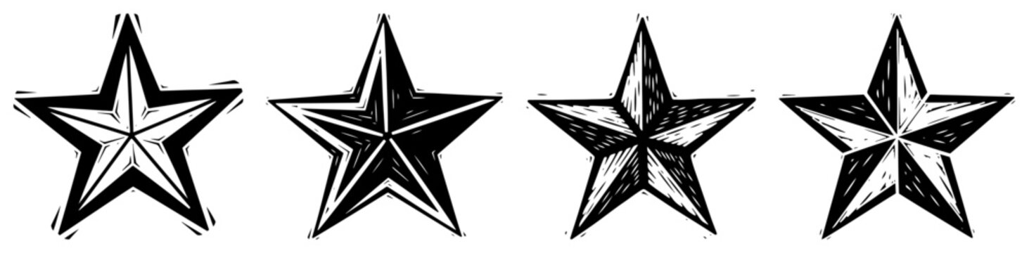 Row of four hand carved nautical stars in black and white linocut style