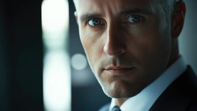Man with short hair, blue eyes and stubble looking sternly at the camera. He is wearing a dark suit.