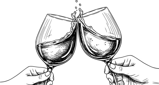 clinking wine glasses hand drawn vector sketch
