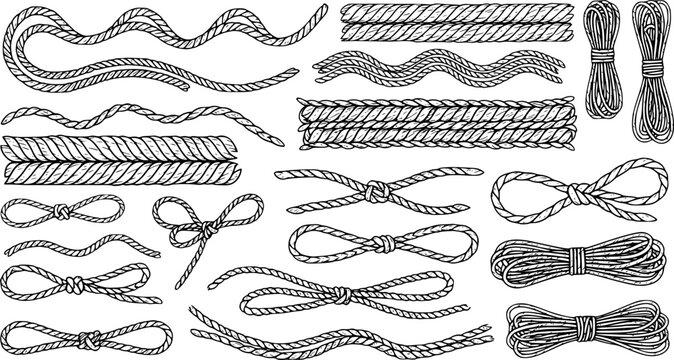 Wavy rope curve set. Repeating hemp cord stripes collection. Wavy loop tie braid bundle. Seamless black and white plait pattern. Vector marine twine design elements for banner, poster, frame, border