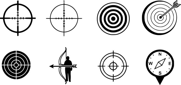 Target and aim icon set, crosshair, bullseye vector, precision, accuracy, and focus icon for aiming, archery, shooting, or navigation
