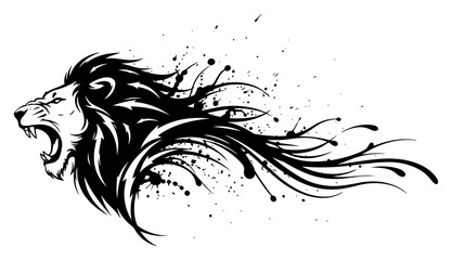 side view of roaring lion head with flowing mane and ink splatters © Camel