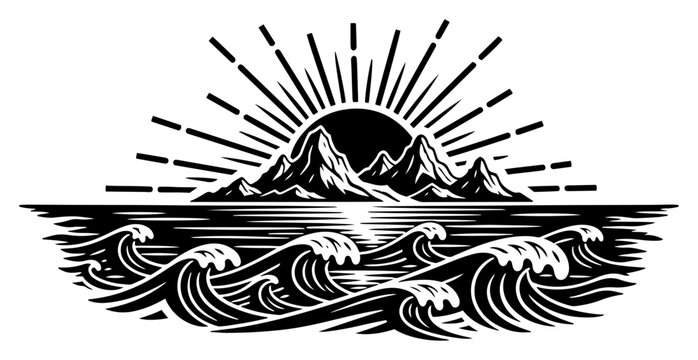 Vintage woodcut landscape with mountains sun rays and ocean waves