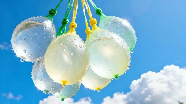 Transparent water balloons in playful style soft pastel colors representing summer fun and refreshment against blue sky with copy space