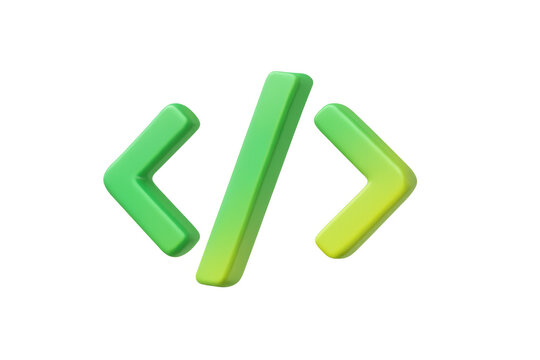 Gradient green 3d coding symbol icon rendering, representing programming, software development, and web technology on transparent background