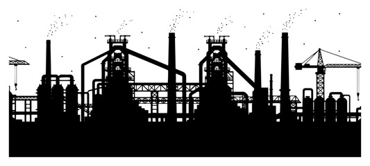 Wide panoramic silhouette of heavy industry factory complex with smoking chimneys and cranes