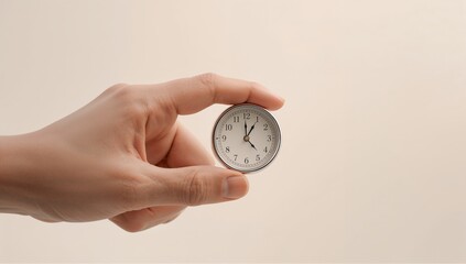 Hand holding small round pocket watch or timer against a simple light beige background