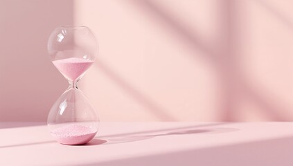 Clear glass hourglass filled with soft pink sand on a pastel background creating an aesthetic atmosphere