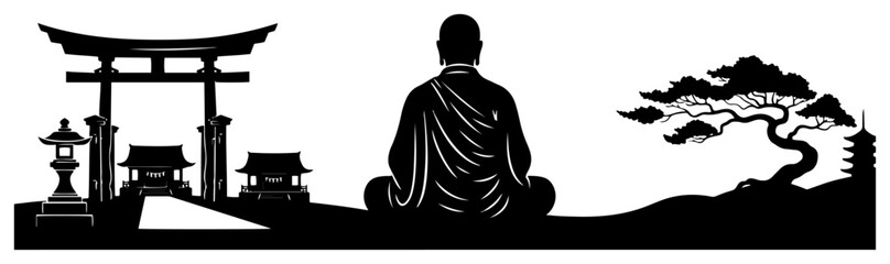 Silhouette of a buddhist monk meditating near temple gate and tree