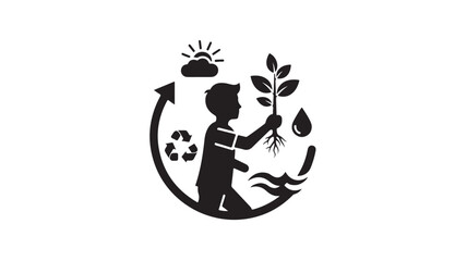 Child Planting Tree Recycling Environmental Education Vector Silhouette