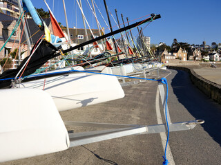 Boats overturned on the pier of Pleneuf Val Andre, a commune in the C&ocirc;tes-d'Armor department of Brittany in northwestern France 