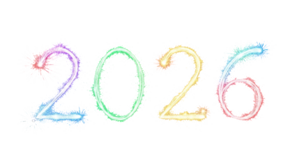 Colorful 2026 New Year fireworks typography glowing on dark background, vibrant sparkling light trails forming numbers for festive holiday celebration