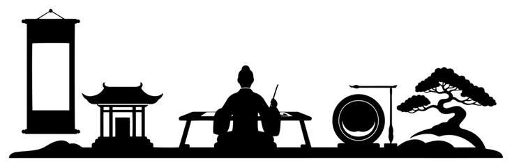 Panoramic silhouette of an asian scholar writing at a desk with bonsai and gong