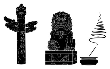 Traditional asian symbols featuring a guardian lion statue and burning incense stick © Camel