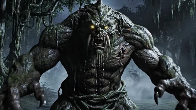 Monster with glowing eyes in swamp.