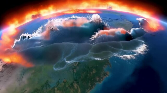 Low Earth orbit view of an ancient asteroid striking the Yucatan ocean with blinding impact flash fire ring and global tsunami waves