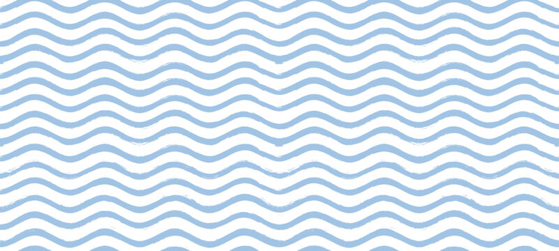 Seamless Wave Pattern, Hand drawn water sea vector background. Wavy beach print, curly grunge paint lines, watercolor stripes