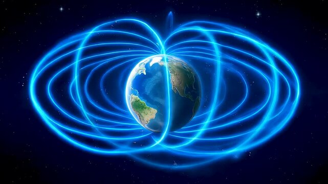 View of Planet Earth rotating in space with glowing blue arcs of the magnetosphere forming a protective shield against solar wind