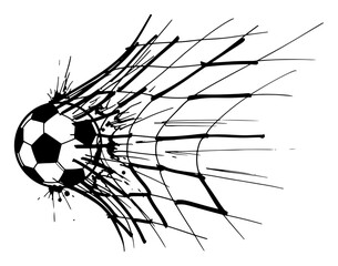 Dynamic sketch of a soccer ball hitting the goal net with powerful impact
