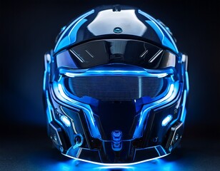 futuristic helmet with glowing blue lights showcasing sleek design and high tech features for sci fi enthusiasts and collectors