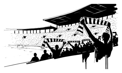 Crowd of soccer fans holding scarves and cheering in the stadium stands