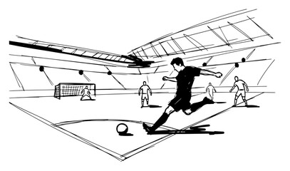 Sketch of a soccer player kicking the ball during a match in a large stadium