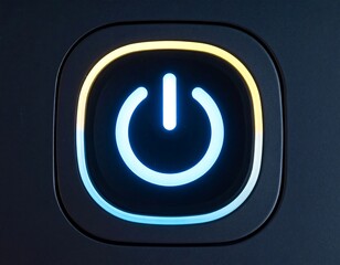 Illuminated power button glows blue and yellow, recessed in a dark, rounded square surround