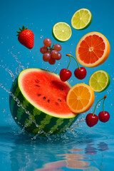 Juicy Watermelon and Mixed Fruits Falling into Splashing Water Scene
