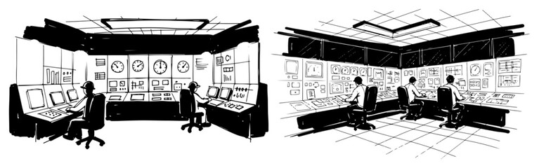 Industrial control room with operators working at monitoring consoles sketch illustration
