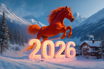 Fiery Red Horse Jumping Above Glowing New Year Numbers in Snowy Mountain Landscape with Copy Space for Winter Holiday Celebration and Fantasy Concept Art