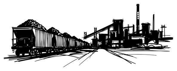 Industrial freight train with cargo wagons near a factory plant sketch
