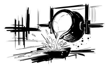 Molten metal pouring from a large ladle in a steel mill foundry sketch © Camel