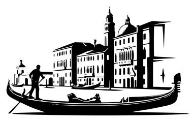 Silhouette illustration of a gondolier rowing a gondola in Venice Italy © Camel
