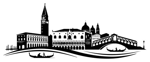 Venice Italy city skyline silhouette with Rialto Bridge and gondolas