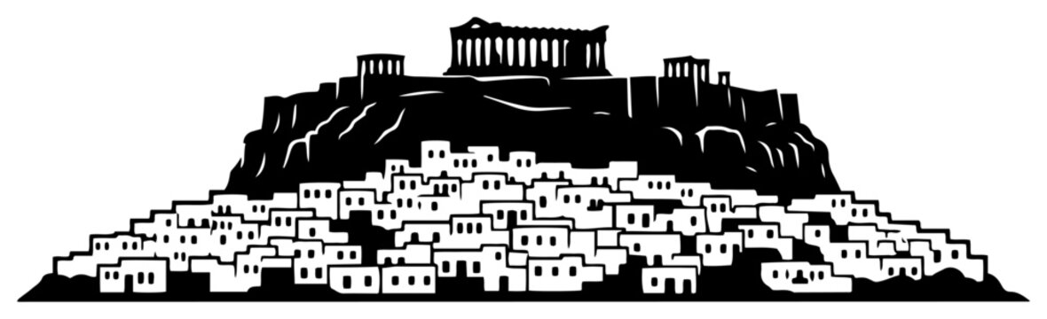 Acropolis of Athens silhouette rising above traditional Greek city houses