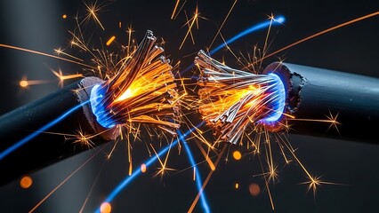 Electric cables exploding with sparks on a dark background, showcasing a dramatic scene of energy release
