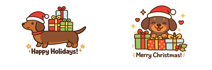 Naklejka premium Cute dogs with holiday hats and gifts for celebration during Christmas and New Year time in a festive setting