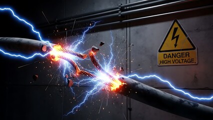 High voltage electrical sparks flying between live wires in an industrial setting