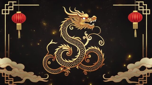 Golden Chinese dragon with red lanterns and clouds on a dark background, celebrating traditional culture.