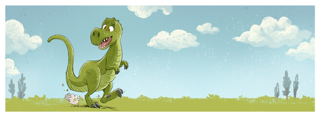 Funny Tyrannosaurus Rex walking through the countryside