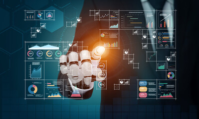 An AI powered big data visualization and business analytics grid. A complex collection of AI charts for comprehensive company reporting. Motif