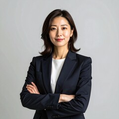 40代前半の日本人女性エグゼクティブを想定したフォトリアル映像。
ダークネイビーまたはブラックスーツに白のインナートップで端正な印象。