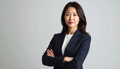40代前半の日本人女性エグゼクティブを想定したフォトリアル映像。
ダークネイビーまたはブラックスーツに白のインナートップで端正な印象。