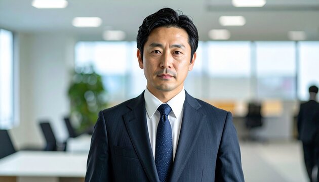 40代前半の日本人ビジネスマンを想定したスタジオ品質のフォトリアル映像。
ダークネイビーまたはブラックスーツに白シャツと控えめなネクタイ。
エグゼクティブオフィスや会議室を背景に、柔らかくぼかして表現。